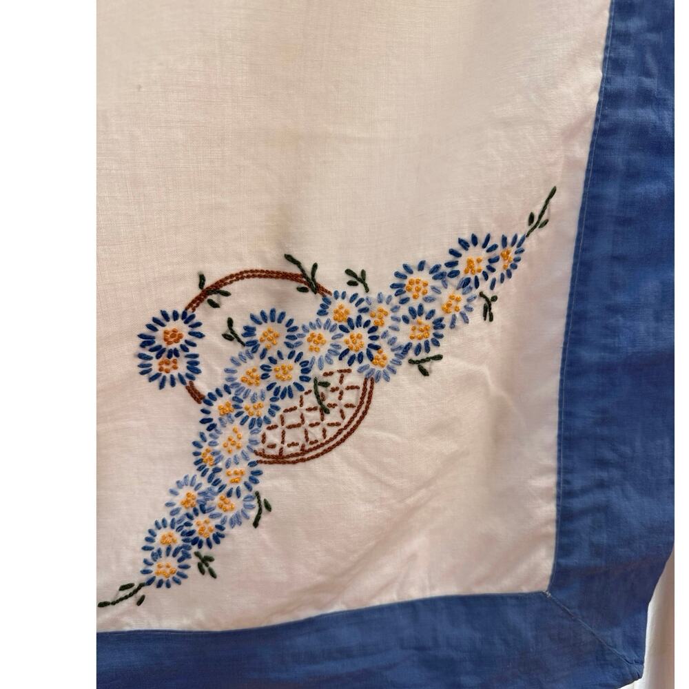 Vintage Hand Embroidered Linen Tablecloth White Blue Floral Basket 56x52 Cottage